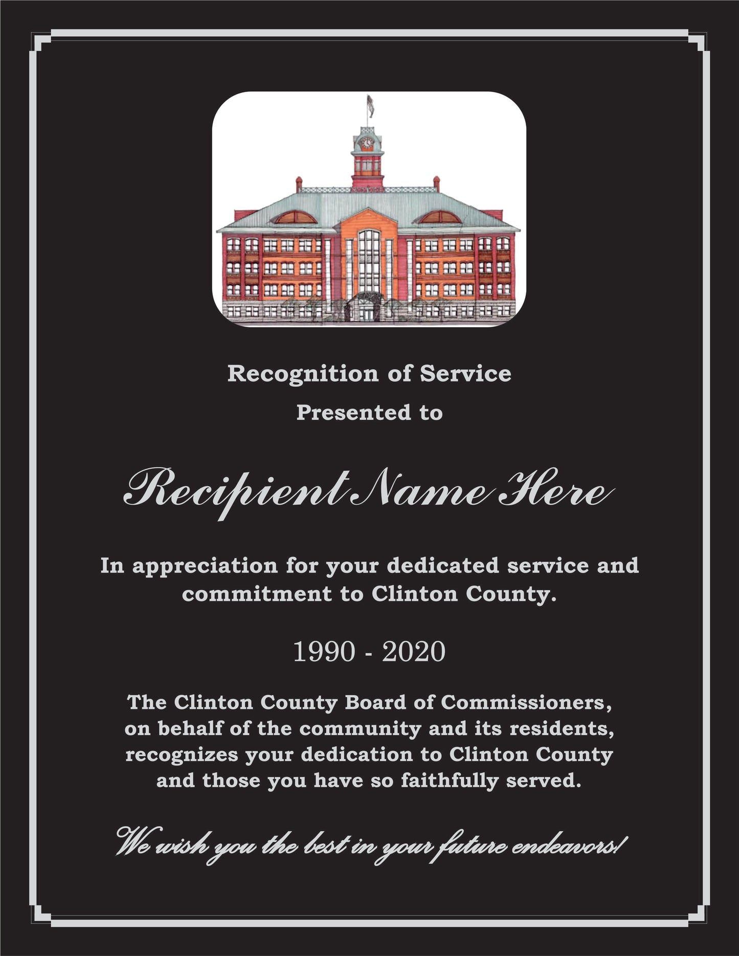Clinton County Service Plaque - Laser Black Aluminum