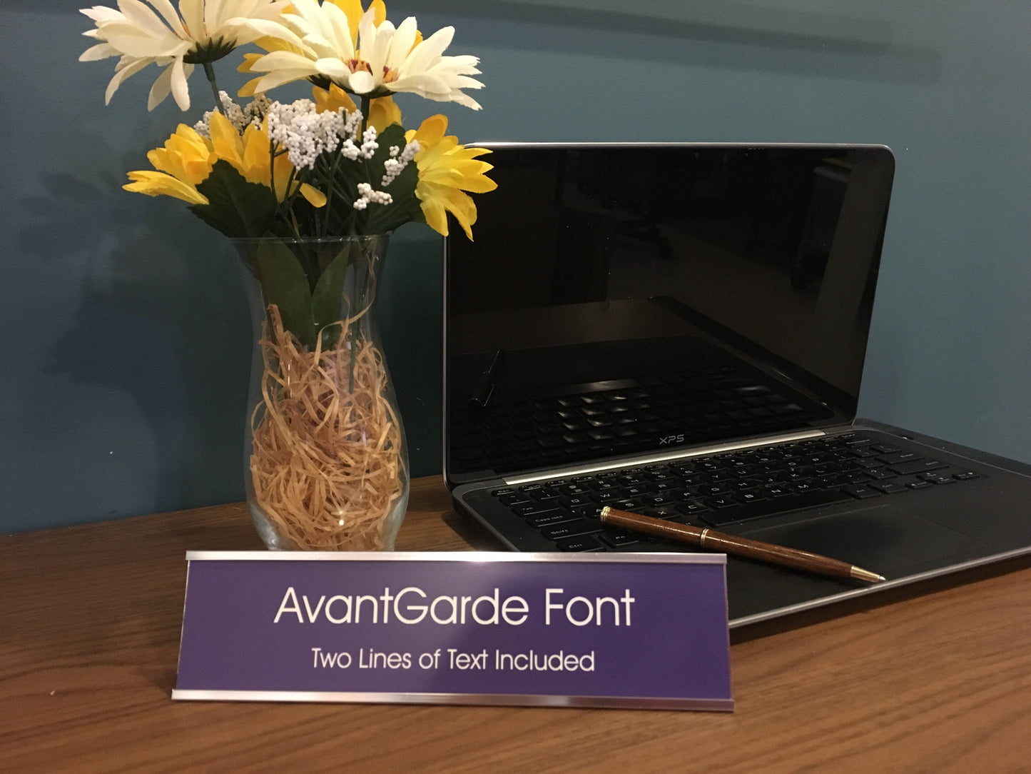 2" x 8" Desk Top Name Plate with Silver Holder - Laser Engraved