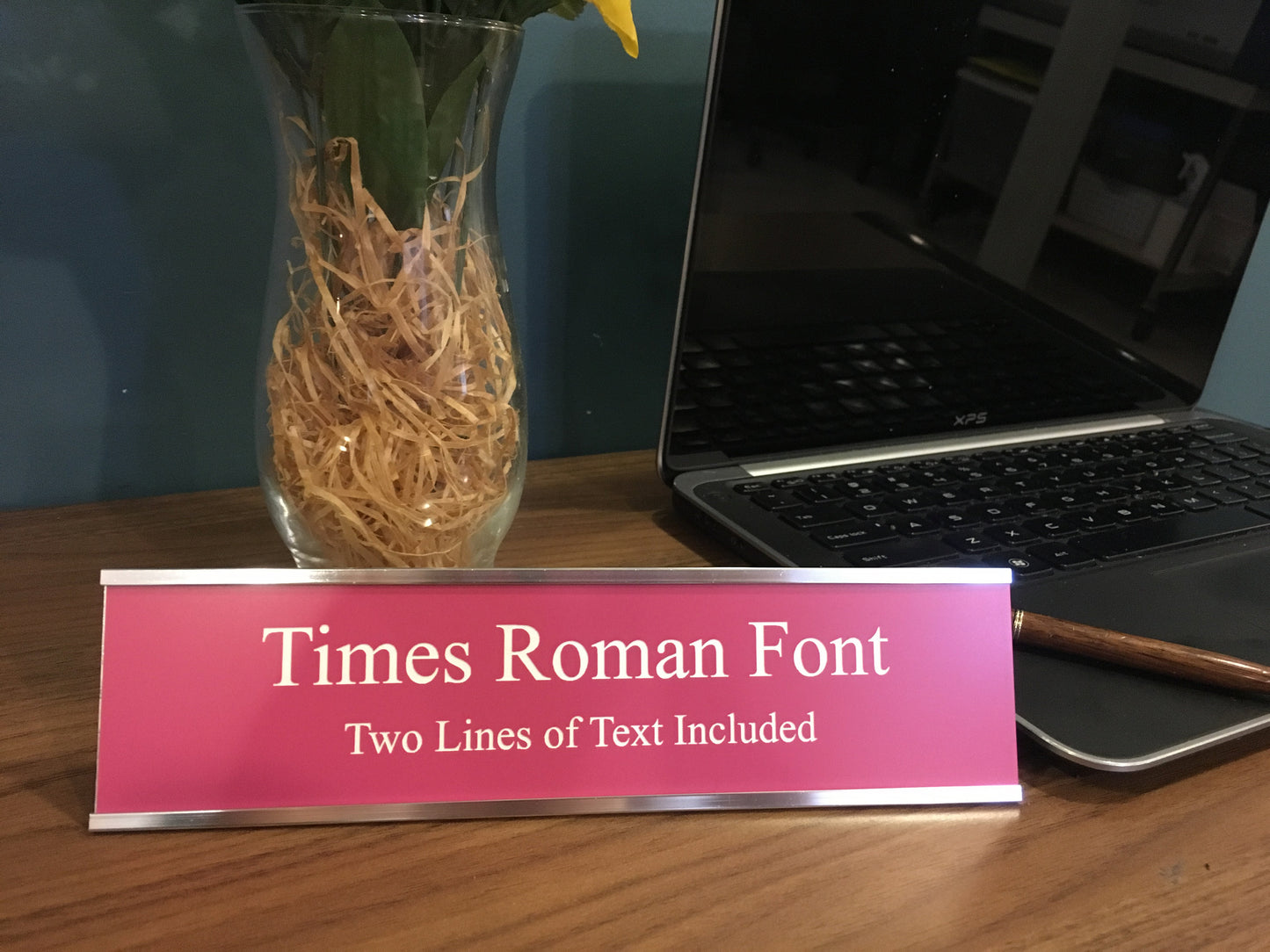 2" x 8" Desk Top Name Plate with Silver Holder - Laser Engraved
