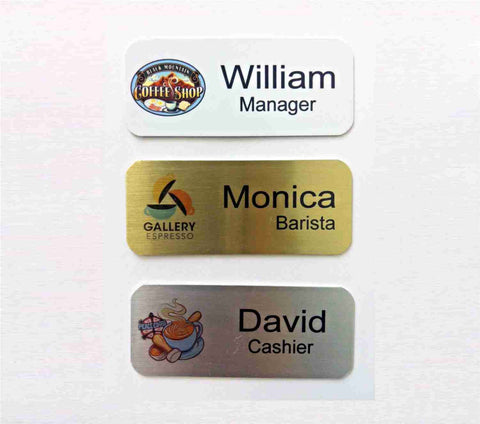 Set of 12 Name Badges 1.25" x 3.0" Brushed Aluminum - Color Logo - Magnet or Pin Back Fastener - Custom Made - Business Professional Office