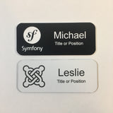 Set of Twelve 1.25" x 3.0" Logo Name Badge Laser Engraved Rounded Corners Magnet Back Custom Made - Business Professional Office Sales Clerk